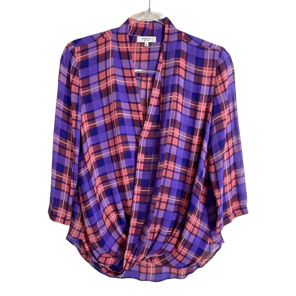 Babaton Dark Academia Silk Plaid Draped Blouse S Purple Pink 3/4 Sleeve Aritzia